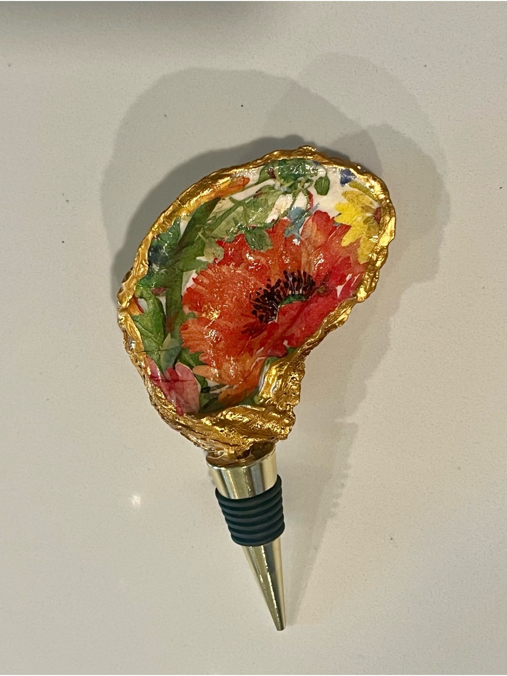 Hand-Painted Floral Oyster Shell Wine Stopper with Gold Leaf